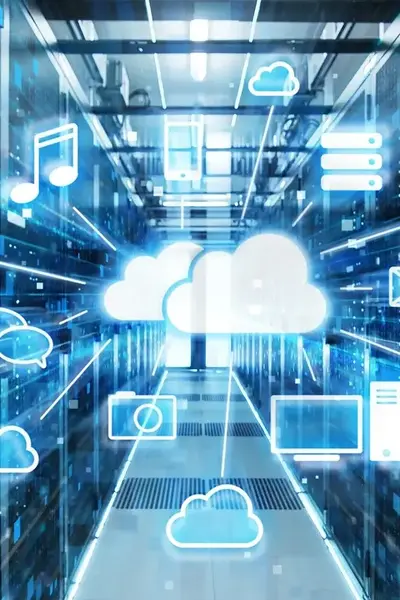 Digitale datastromen in een datacenter met cloud symbolen op de voorgrond