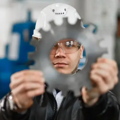 student met helm op kijkt door tandwiel