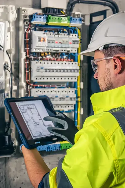 Monteur met tablet inspecteert elektrotechnische installatie