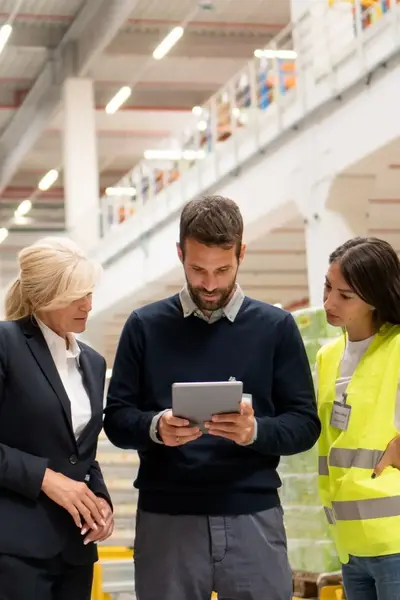Collega's in de logistiek controleren tablet in magazijn