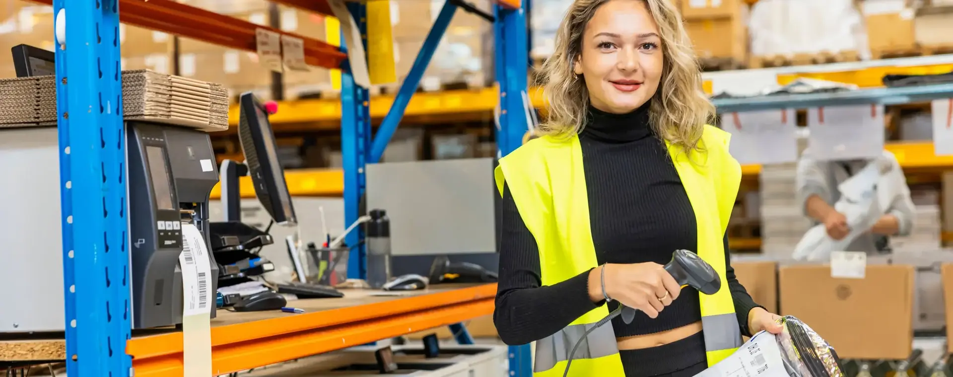 Een student werkt in een logistiek magazijn en scant een pakket met een barcodescanner. Ze draagt een gele veiligheidshes en staat bij een inpakstation.