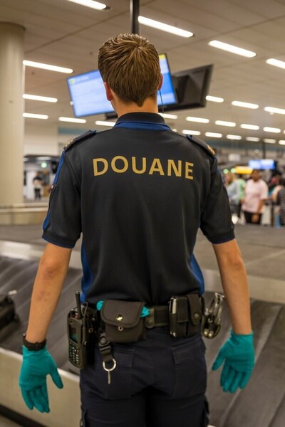 Douanier bij bagageband op vliegveld