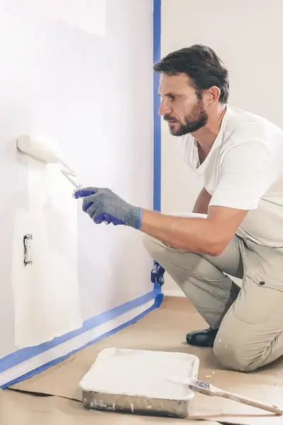Schilder verft muur wit met verfroller