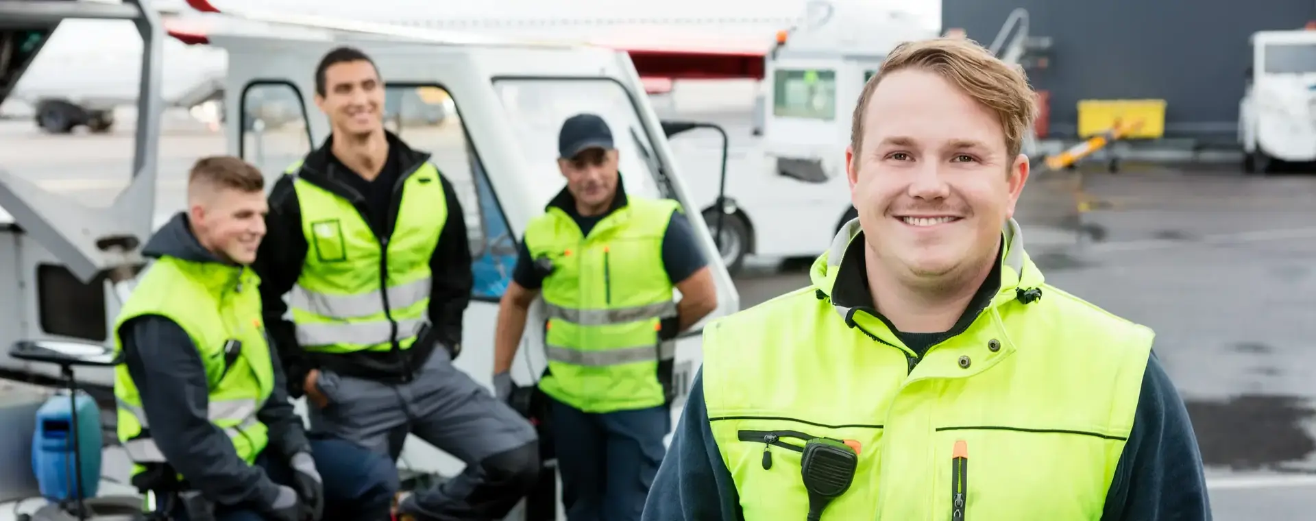Studenten in gele hesjes verzorgen van alles rondom vertrek vliegtuig.